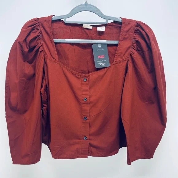 Levi’s Women’s Ellora Fired Brick Puff Sleeve Button Up Blouse Brown Size L - Picture 2 of 12